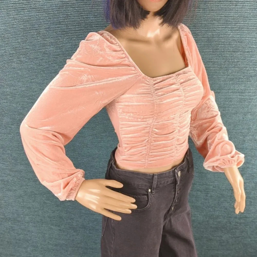Barbie Pink Velvet Long Sleeve Ruched Crop Top, Square Neckline Juniors - Picture 8 of 13
